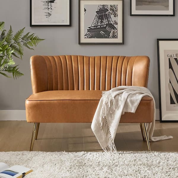 Grid Quilted Loveseat, Gold Metal Legs, Chic Apartment Sized Loveseat
