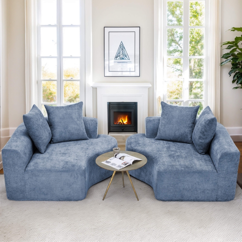 Half-Moon Sectional Sofa, Cream Chenille Texture, Curved Modular.