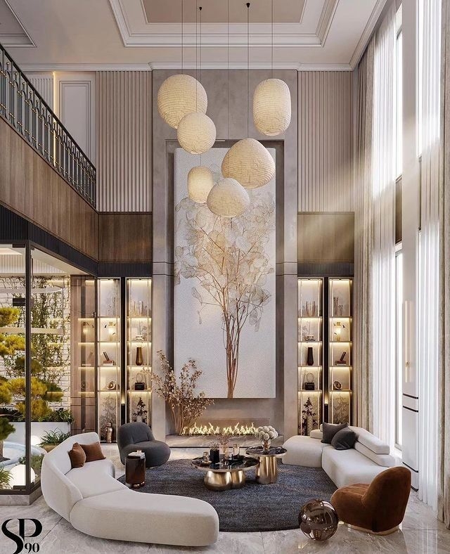 Halo Pendant Living Room Design with Integrated Linear Fireplace Wall