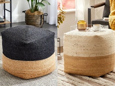 Hand Braided Square Pouf, Natural White Jute Cotton Blend, Textured Accent