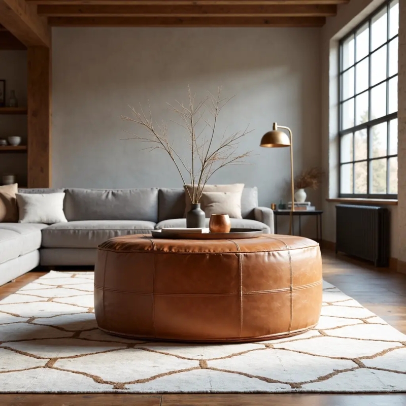 Handcrafted Moroccan Pouf with Intricate Embroidery and Piped Trim