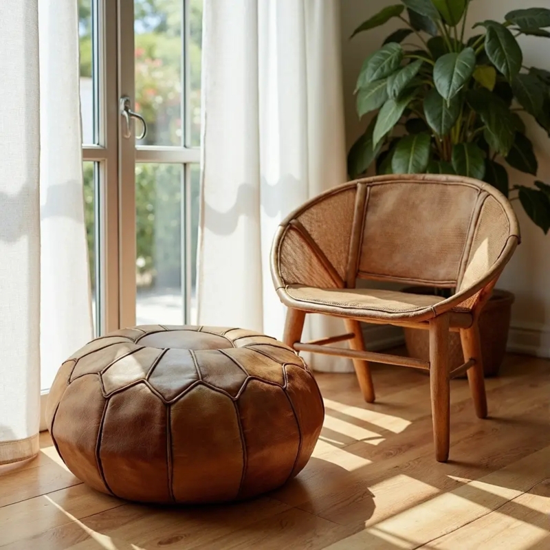 Handcrafted Round Leather-Like Pouf with Embroidered Top