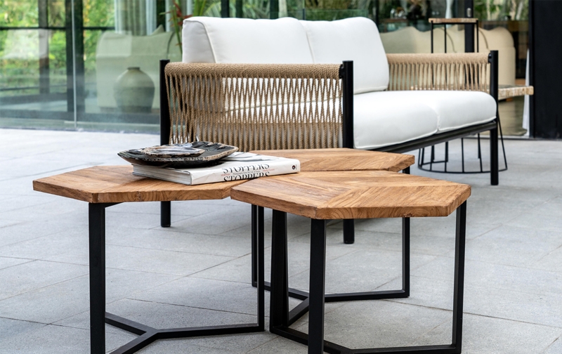 Hexagonal Coffee Table, Thick Organic Wood Top & Black Metal Base