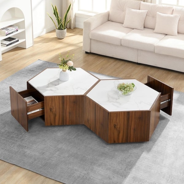 Hexagonal Nesting Table Set with Hidden Drawer, White Marble Look Top
