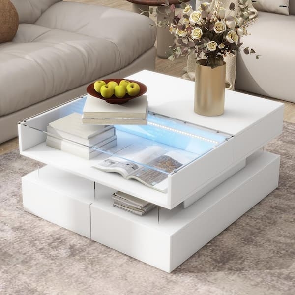 High-Gloss Lift-Top Coffee Table with LED Lighting and Glass Insert