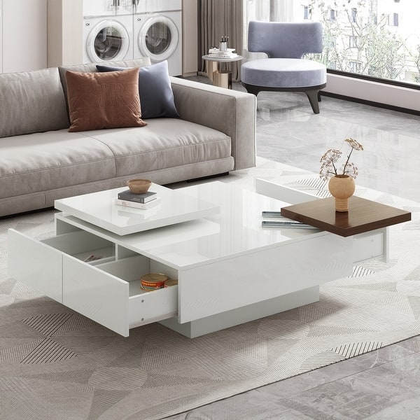 High-Gloss Square Coffee Table with Movable Top Hidden Storage