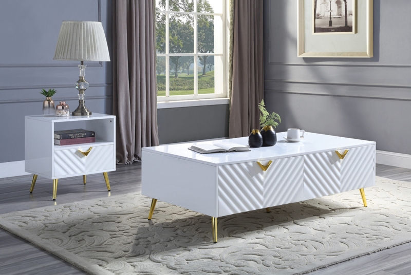 High-Gloss White Asymmetric Coffee Table with Interlocking Tiers