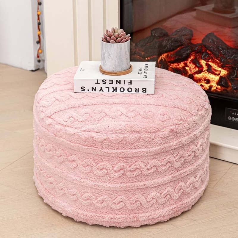 High-Pile Plush Pouf with Central Button Tufting
