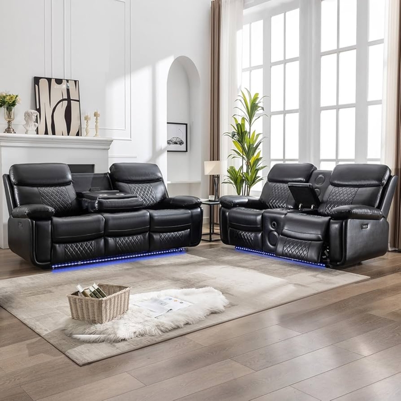 Home Theater Seating with Blue LED Lighting & Integrated Speakers