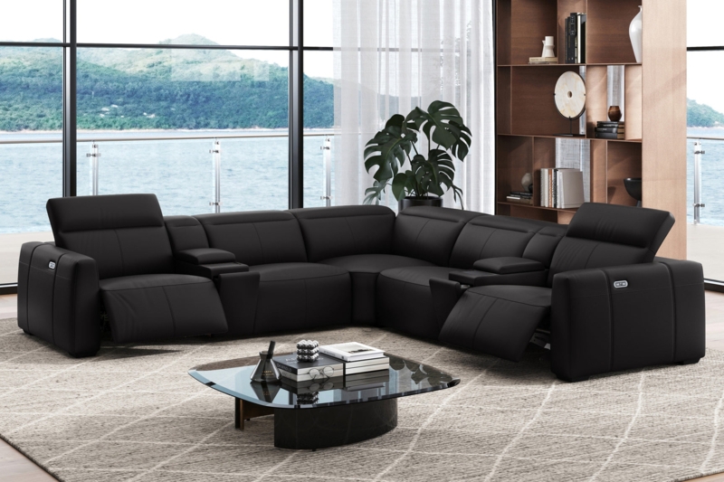 Home Theater Sectional Black Leather Power Recliner LED Console
