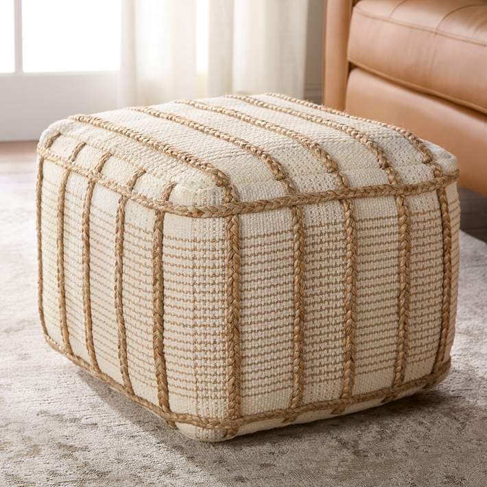 Horizontal Stripes Pouf Ottoman Cube Shape Woven Tan Cream Farmhouse