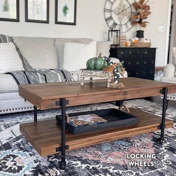 Industrial Rolling Coffee Table with Large Caster Wheels