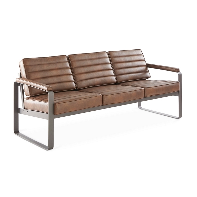 Industrial Sofa Brown Leather-Like Nailhead Trim Tapered Legs