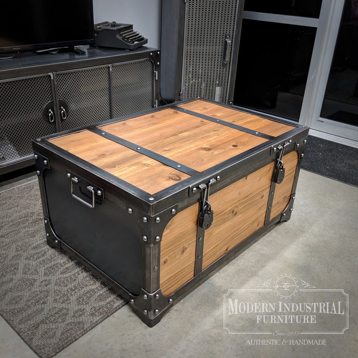 Industrial Steamer Trunk Coffee Table Rivet Details Dark Wood Metal