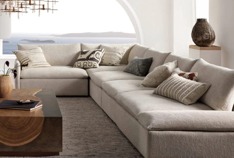 Integrated Chaise Cream Sectional Sofa, Track Arm Silhouette
