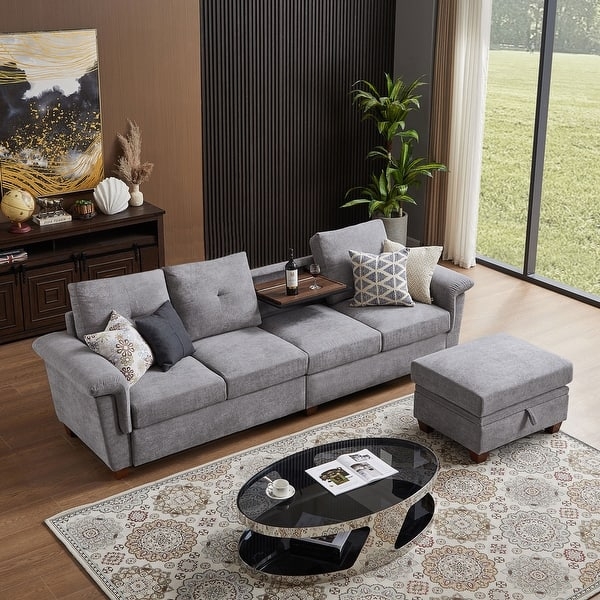 Integrated Coffee Table Sectional U-Shaped Cream Boucle Texture Fabric