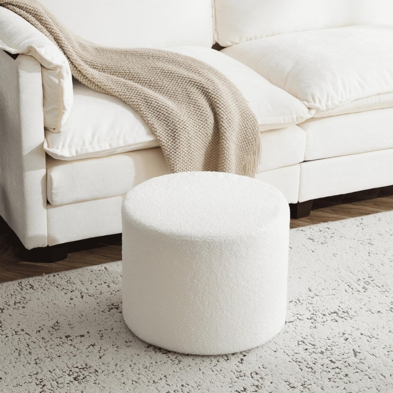 Ivory Boucle Pouf Drum Silhouette Organic Modern Living Room Seating