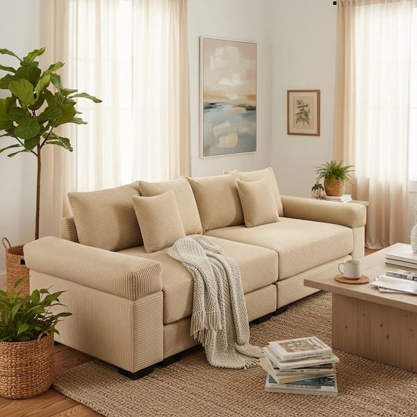 Ivory Corduroy Curved Sectional with Straight Arm