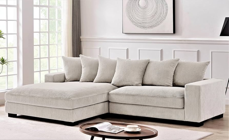 Ivory Corduroy Sectional Sofa with Left-Facing Chaise