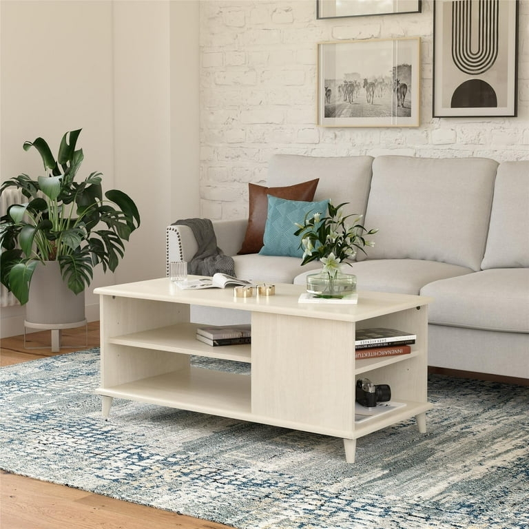 Ivory Oak Coffee Table with Open Shelf Storage