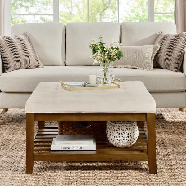 Ivory Tufted Square Upholstered Coffee Table with Shelf
