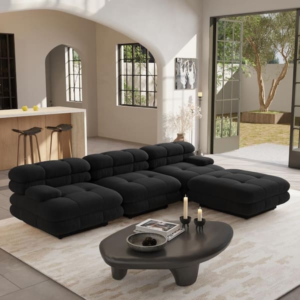 J&E Home 109.83 in. Square Arm Teddy Velvet 4-piece Deep Seat Modular  Sectional Sofa with Adjustable Armrest in. Black JE-SF125BKS3+1