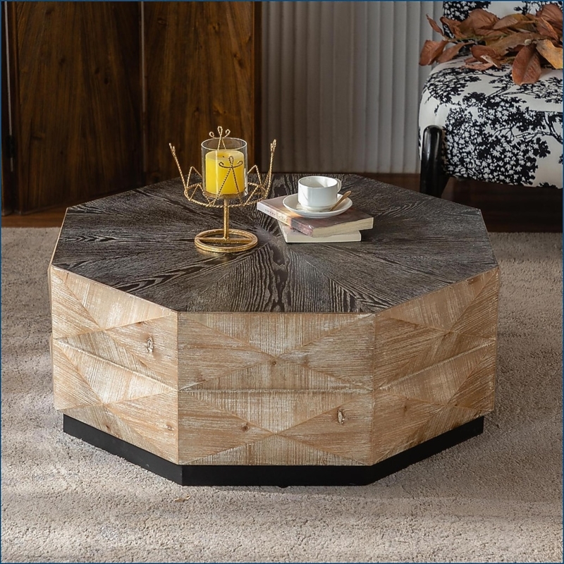 Japandi Octagonal Drum Coffee Table with Starburst Wood Grain Top