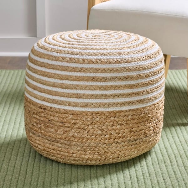 Jute And Cotton Pouf, Round Spiral Braided, White Beige Bohemian Decor