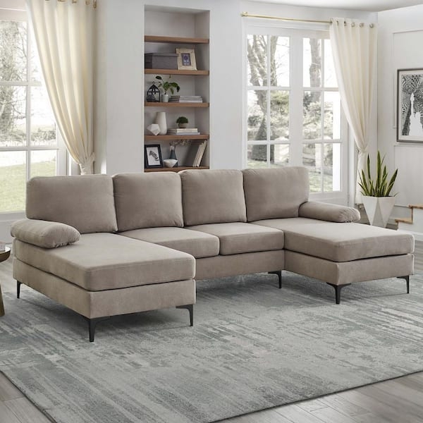 Khaki U-Shaped Sectional Sofa with Double Chaise and Tufted Seats
