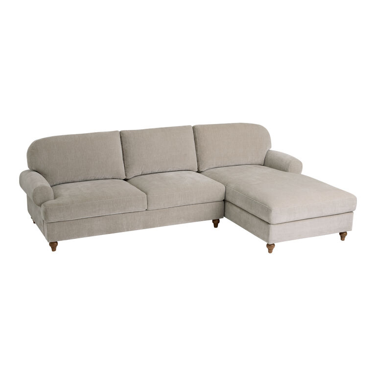Khaki Velvet Roll Arm Sectional Sofa with Casters on Legs