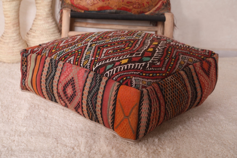 Kilim Pouf Ottoman Square Red Orange Geometric Handmade Boho