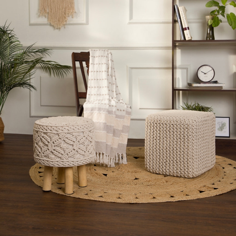 Knitted Square Pouf Ivory Chunky Braided Hand-Knitted Boho