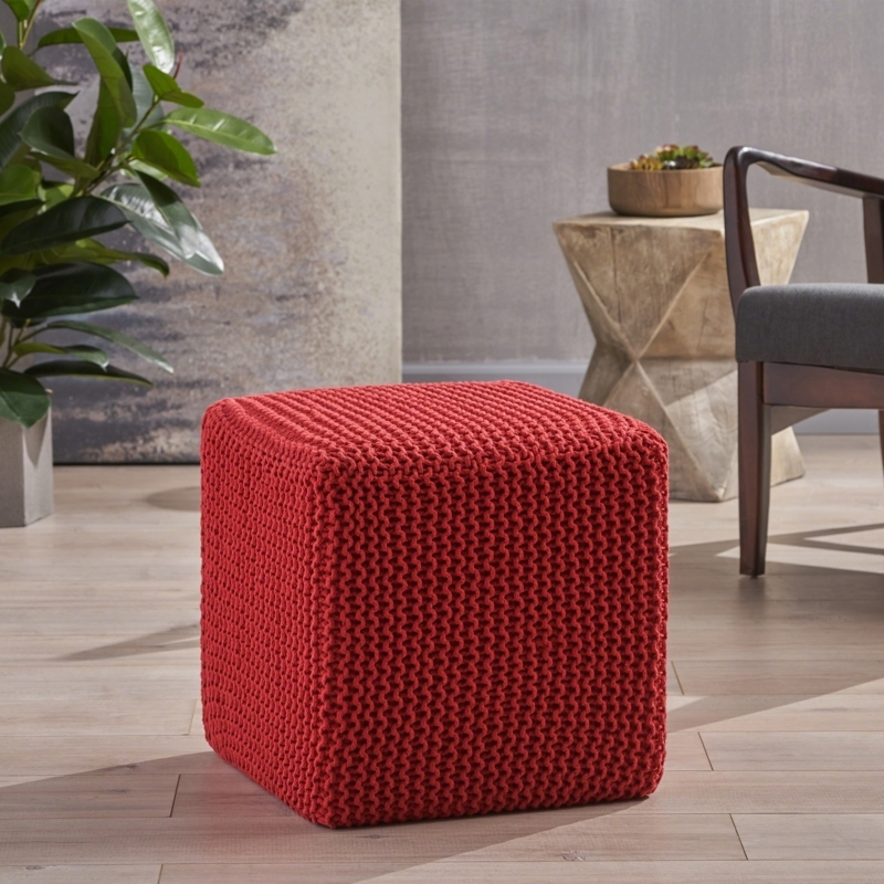 Knitted Square Pouf Two-Tone Red and Grey Chunky Knit
