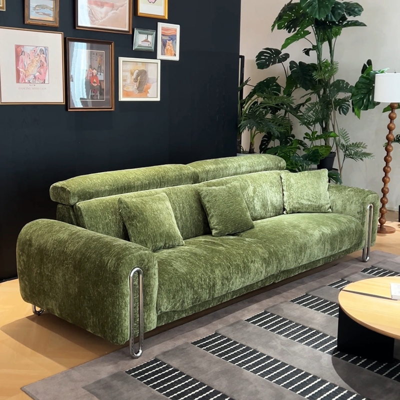 L-Shaped Forest Green Chenille Sectional with Adjustable Headrests