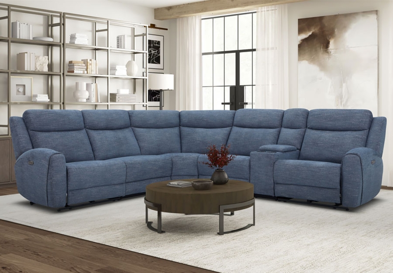 L-Shaped Power Reclining Sectional in Denim Blue Fabric