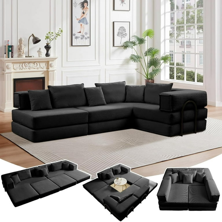 L-shaped Sectional Black Corduroy Frameless Modular