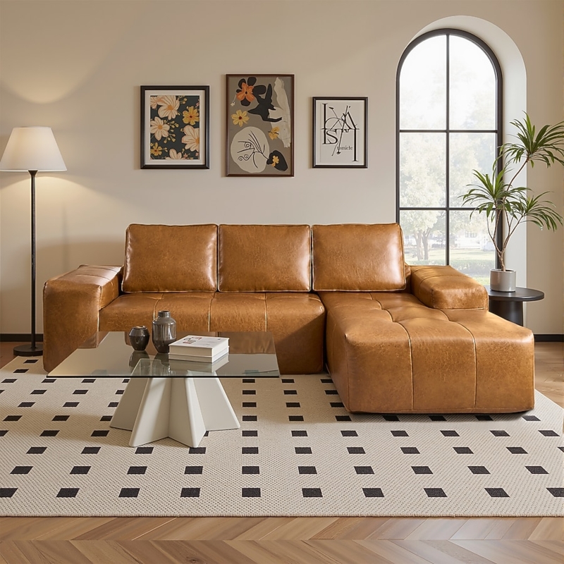 L-shaped Sectional Brown Faux Leather Floor Sofa