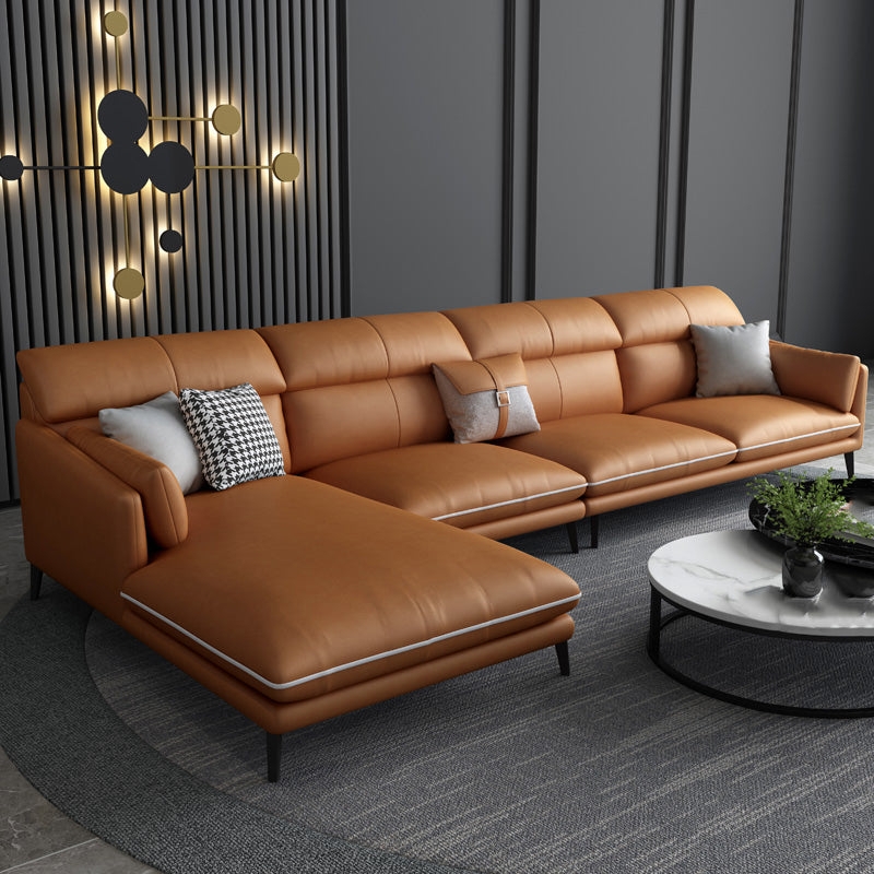 L-Shaped Sectional Faux Leather Caramel Pillowed Back Minimalist