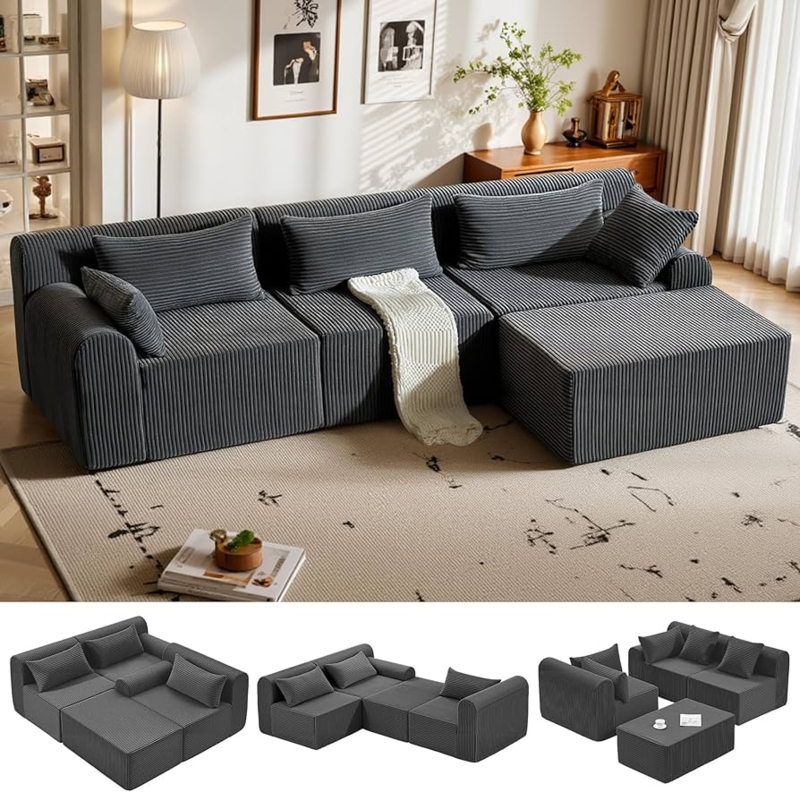 L-shaped Sectional Grey Corduroy Deep Seating Pillows