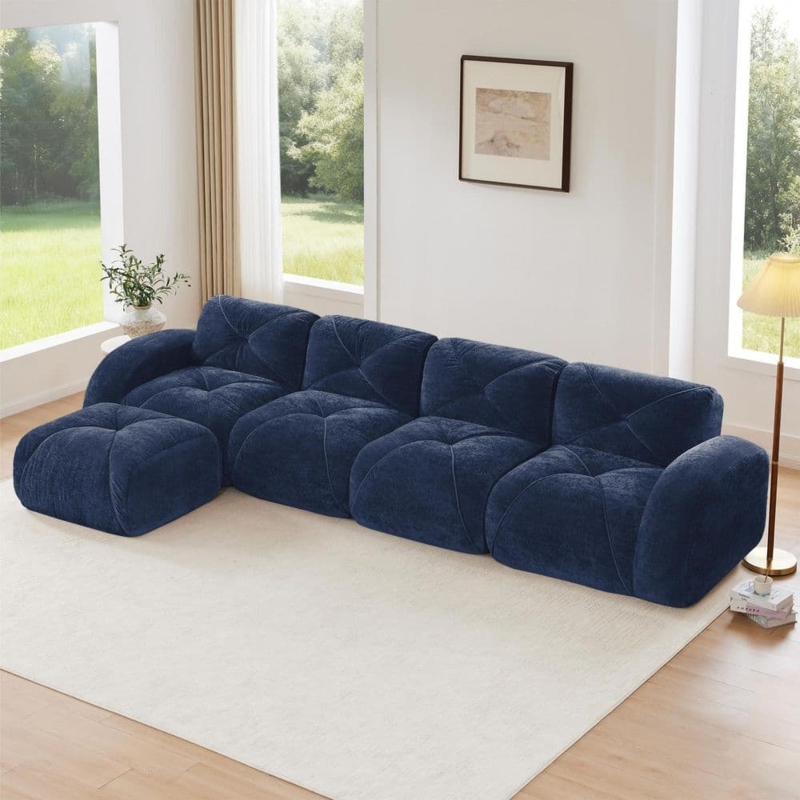 L-shaped Sectional Navy Blue Velvet Oversized Cushions