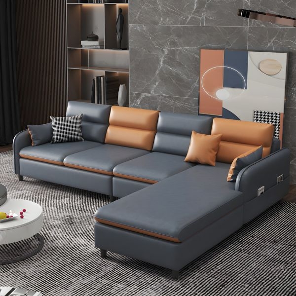 L-Shaped Sectional Orange Grey Contrast Block Legs Contemporary Style