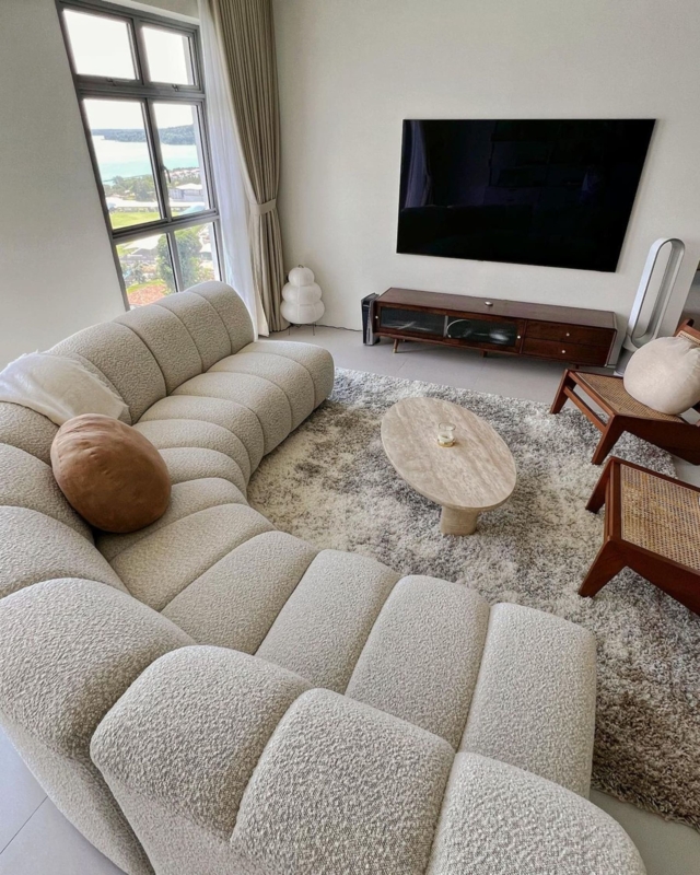 L-Shaped Sectional Sofa Beige Textured Fabric Low Profile