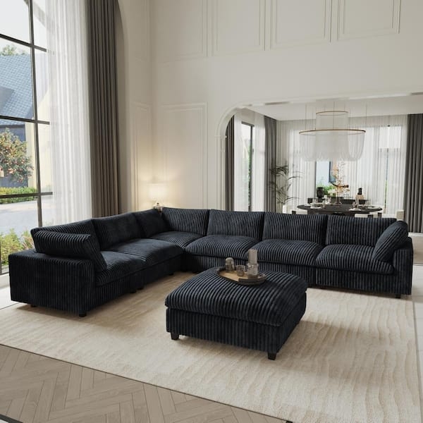 L-Shaped Sectional Sofa, Black Velvet Like Fabric, Oversized Square Arms