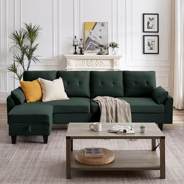 L-Shaped Sectional Sofa Charcoal Gray Woven Side Pocket Storage Pillow Top Arms