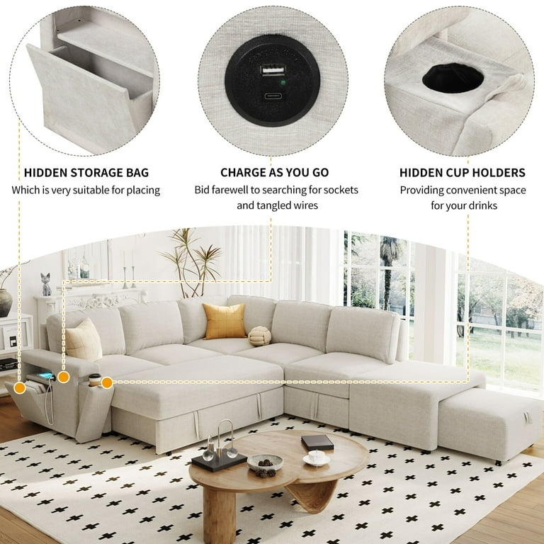 L-shaped Sectional Sofa Creamy Beige with Tufted Back and Cup Holders