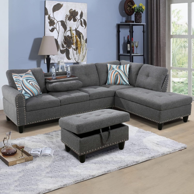 L-Shaped Sectional Sofa featuring Integrated Cup Holders and Ottoman