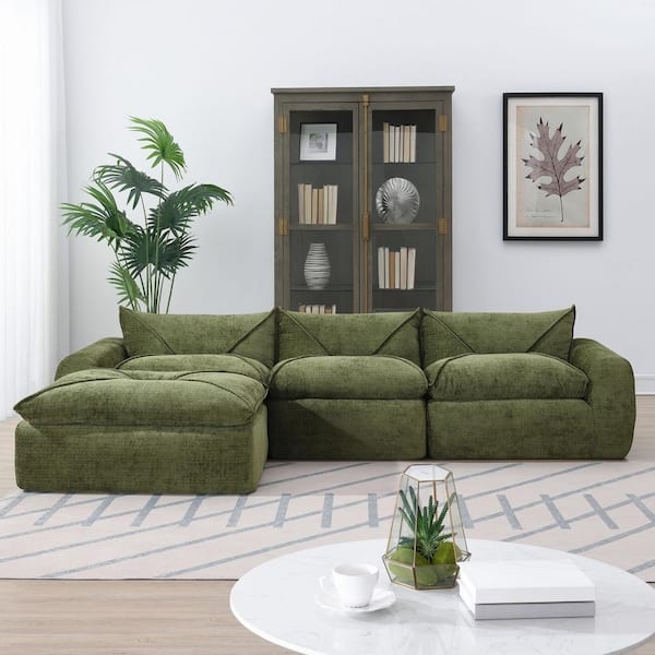L-Shaped Sectional Sofa, Forest Green Chenille, Low Profile, No Legs.