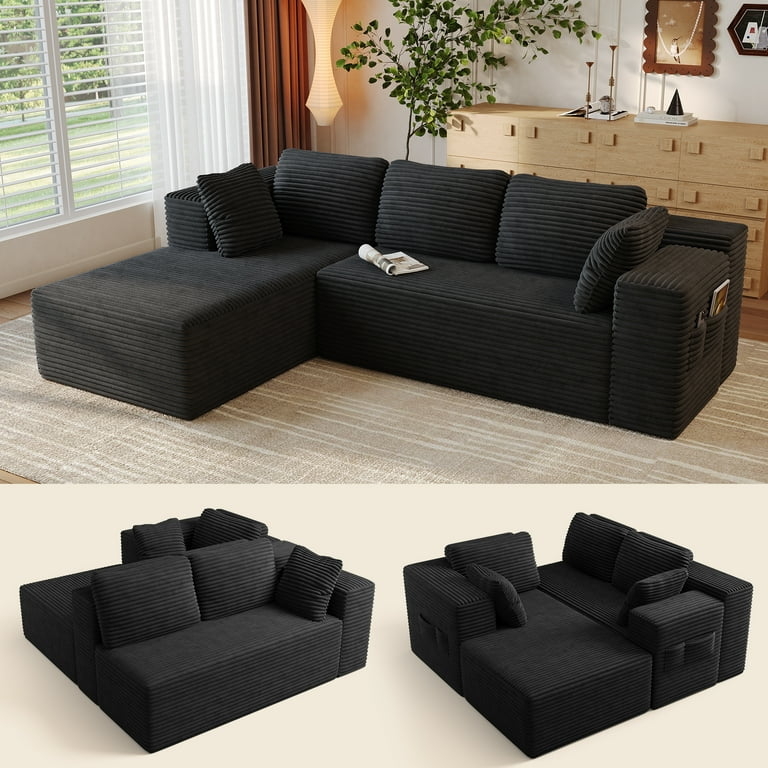 L-Shaped Sectional Sofa in Black Corduroy, Side Storage Pocket