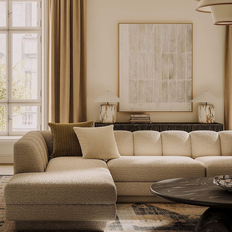 L-Shaped Sectional Sofa in Camel Woven Fabric Minimalist Lounge