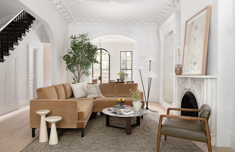 L-Shaped Sectional Sofa in Tan Leather-Like Fabric with Track Arms